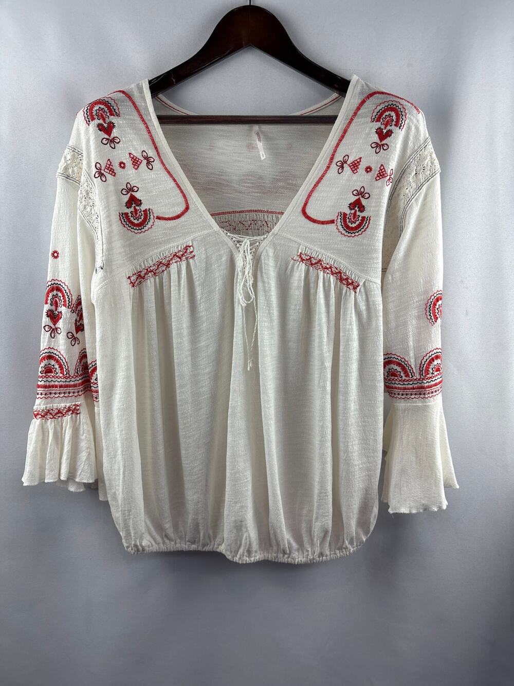 Women’s Free People Large Cream Blouse w/ Orange Embroidery